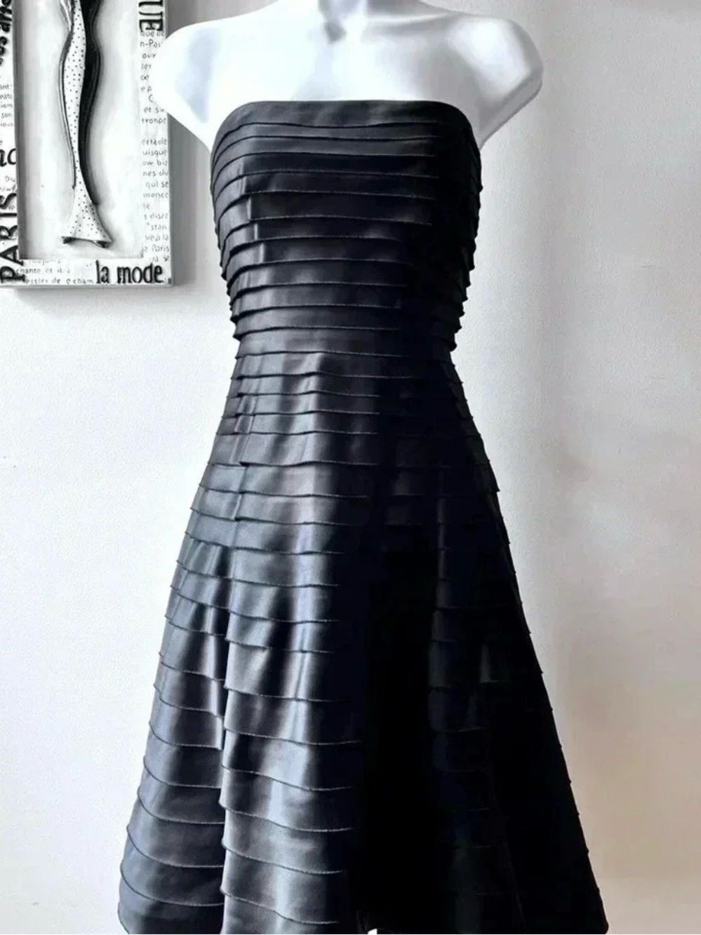 Adrianna Papell Boutique Black Satin Ruffle Strapless Cocktail Dress Size 6P